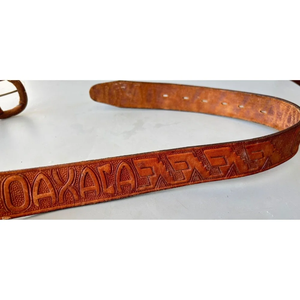 Oaxaca Tooled Leather Belt Brown Geometric Handcrafted Southwestern
